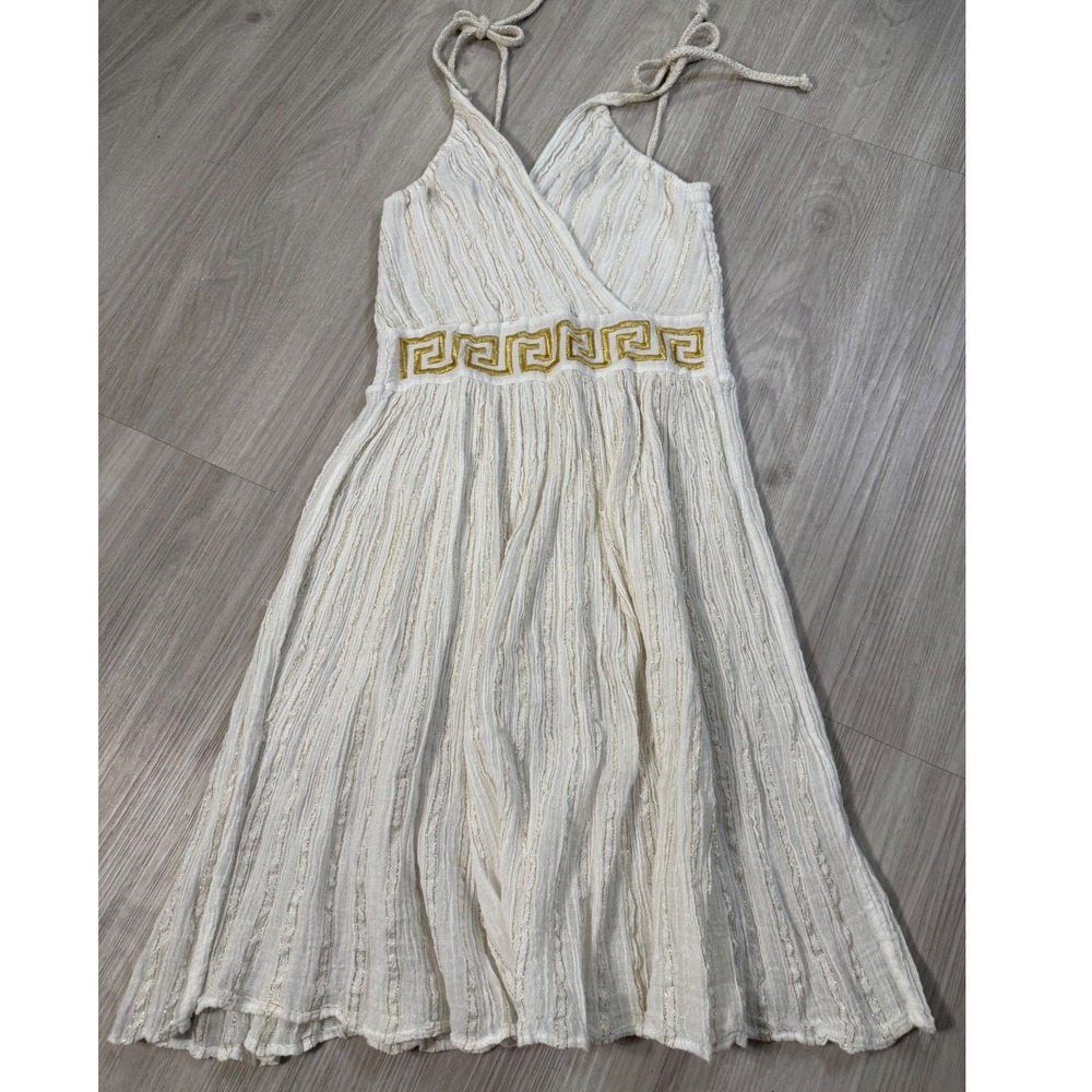 White Midi Dress with Gold Trim - Tie-Strap V-Neck